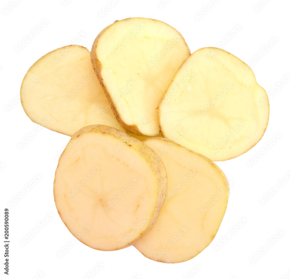 Sliced yellow potatoes isolated on white background
