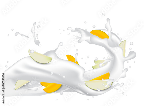 Yogurt milk with mango, peach and apple slices. Flowing 3d milk splash design element isolated on white background. Vector EPS10.