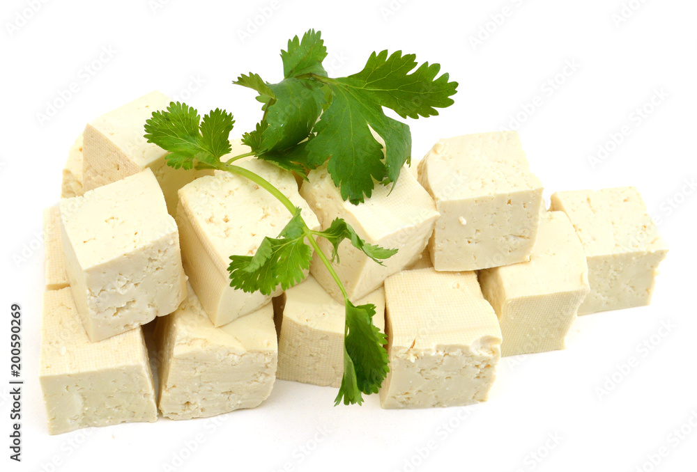Fresh Tofu cubes and Cilantro  isolated on white 