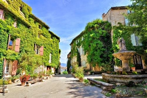 Leafy town square with fountain in a beautiful village of Saignon  Provence  France