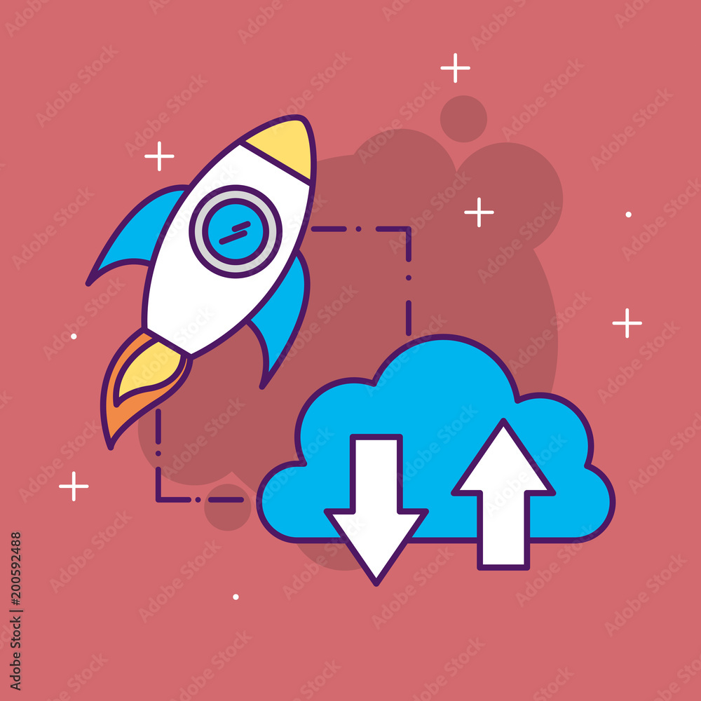 rocket start up business cloud storage computing upload and download data vector illustration
