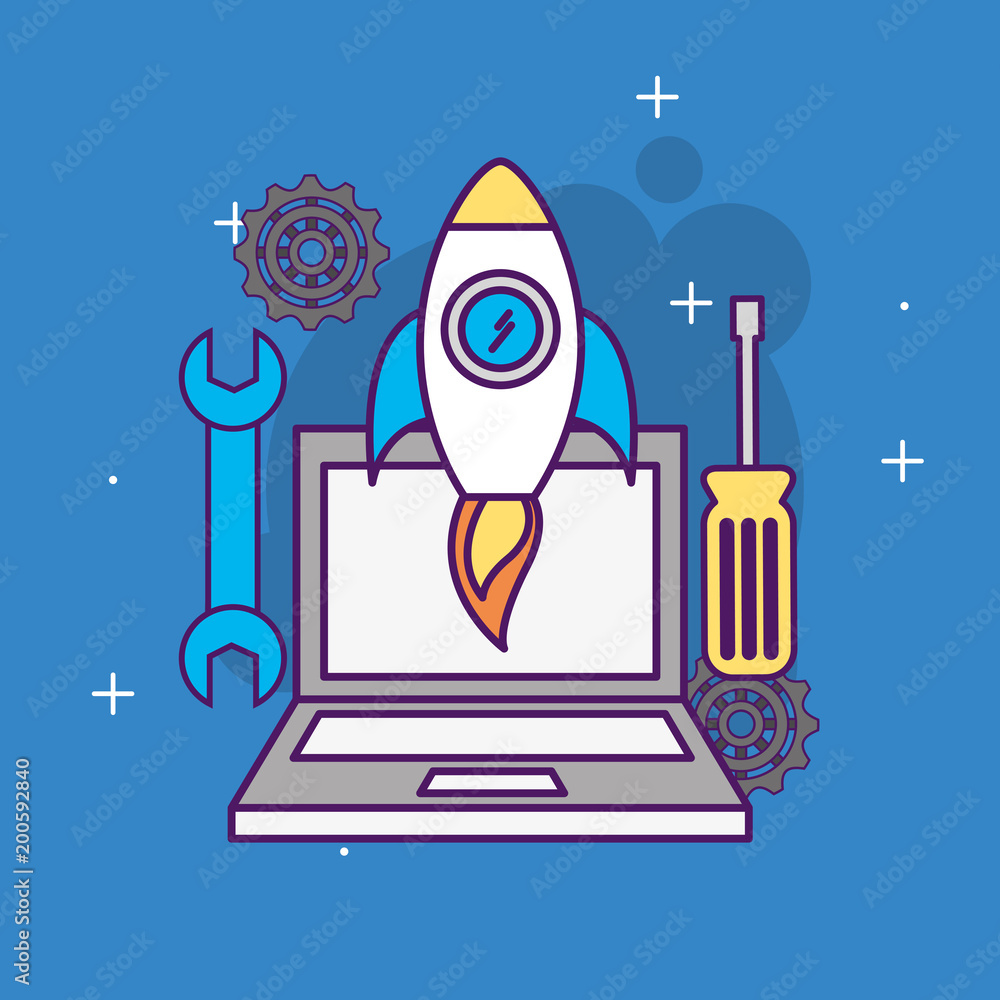 laptop support technology rocket start up business vector illustration laptop support technology rocket start up business vector illustration