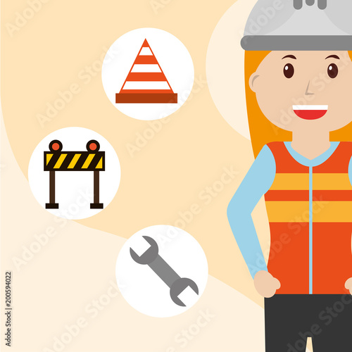 construction woman in vest uniform with barrier wrench and cone traffic vector illustration