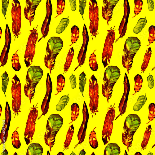 Seamless pattern with watercolor feathers. Can be used for textile print, design tile, wallpaper, abstract background.