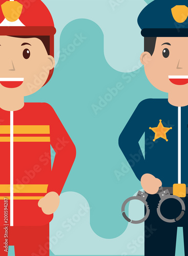 firefighter and policeman officer people workers profession vector illustration