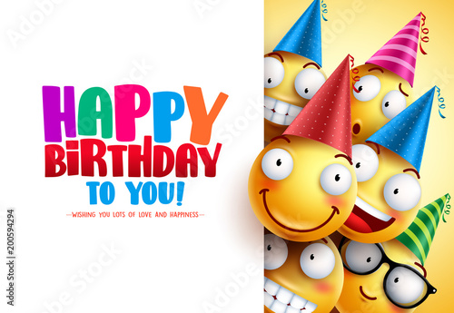 Smileys birthday vector greeting design with yellow funny and happy emotions wearing colorful party hats and happy birthday text in white empty background. Vector illustration.   © AmazeinDesign