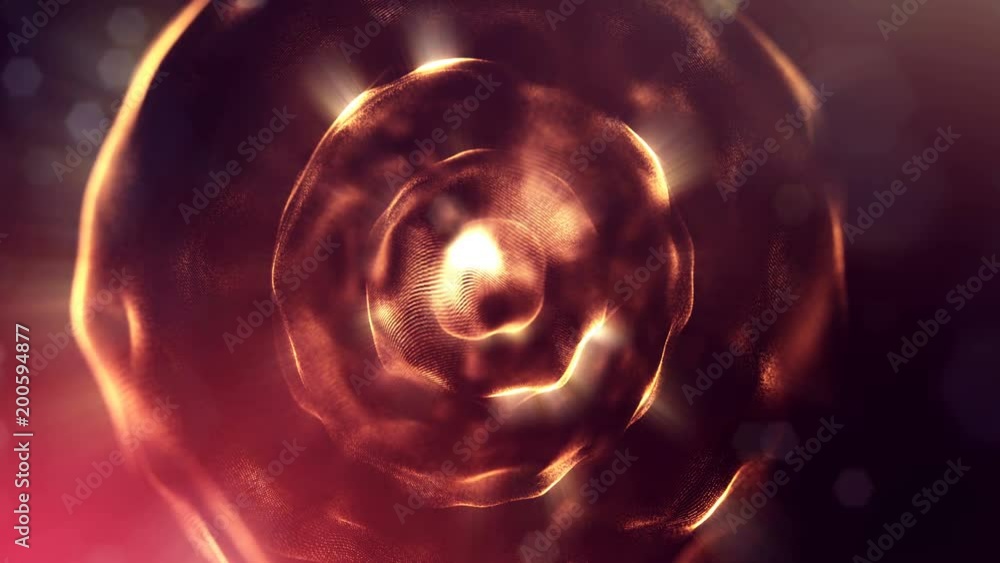 3d loop animation for science fiction background of glowing particles with depth of field and bokeh. Particles form line and surface grid for vj loop. V23 spheres red gold