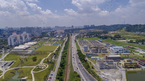 Aerial of a city's waste management sewage and water treatment plants