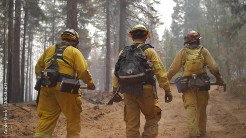 Hotshot Crew Hero Walk through Smokey Forest During Wildfire