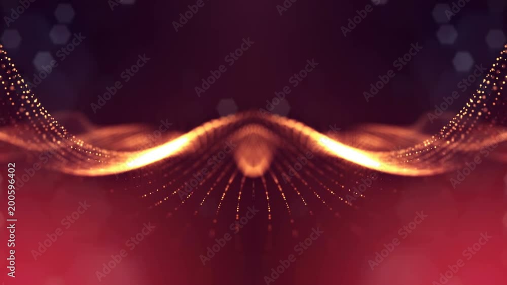 3d loop animation for science fiction background of glowing particles with depth of field and bokeh. Particles form line and surface grid for vj loop. V28 red gold