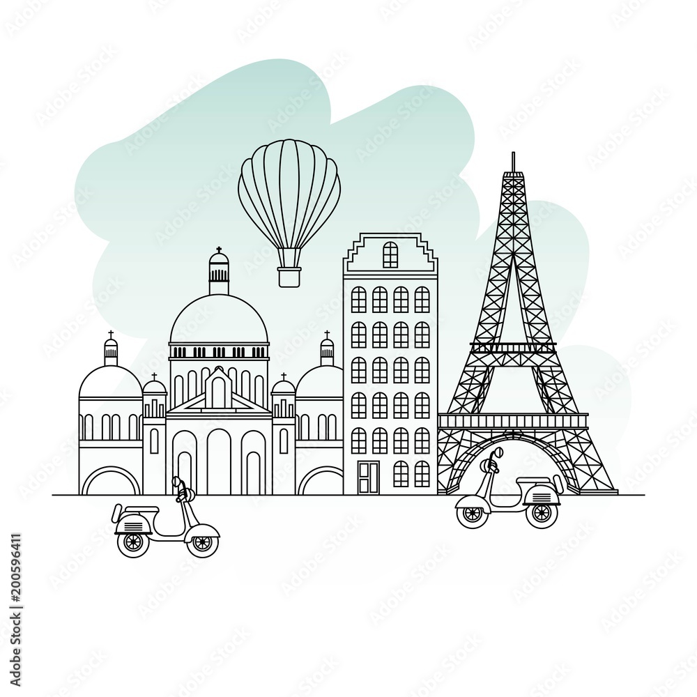 Obraz premium france paris architecture landmarks eiffel tower basilica bike and scooter