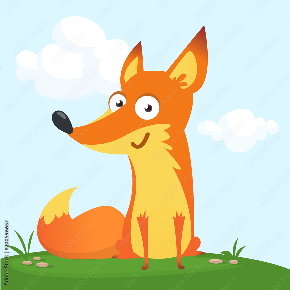 Obraz premium Cartoon cool little fox sitting on a meadow in summer season background with flower and mushrooms. Vector illustration isolated 