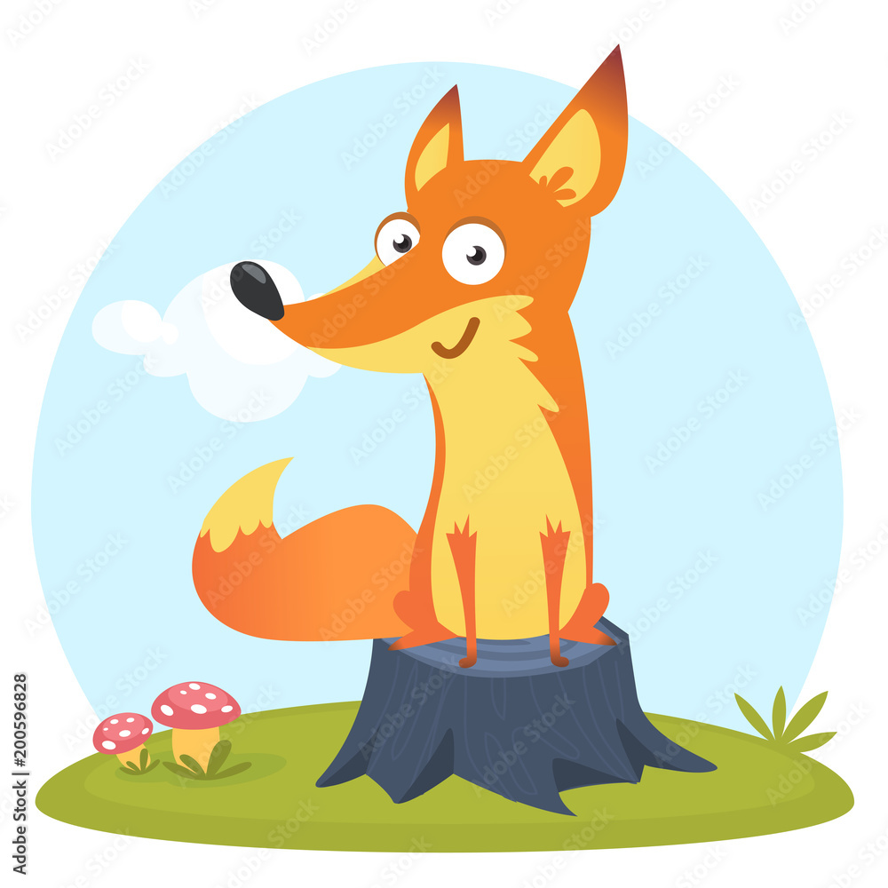 Obraz premium Cartoon funny fox. Vector illustration isolated on meadow background with the sky and clouds