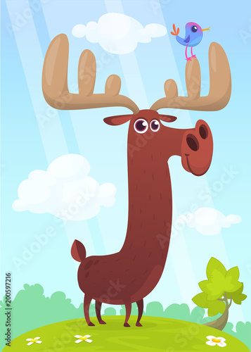 Cool cartoon moose standing on a stump. Vector illustration isolated on a wood background