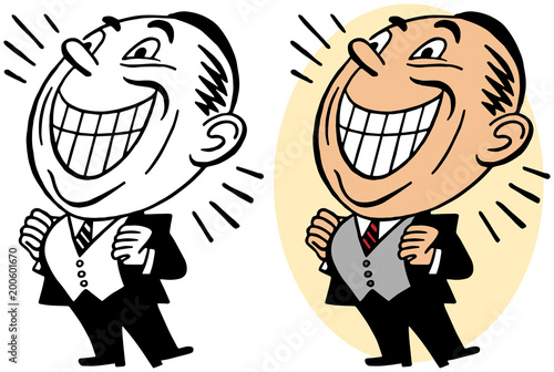 A cartoon of a man with a huge beaming smile.