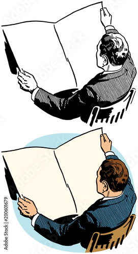 A man holding and reading a blank newspaper.