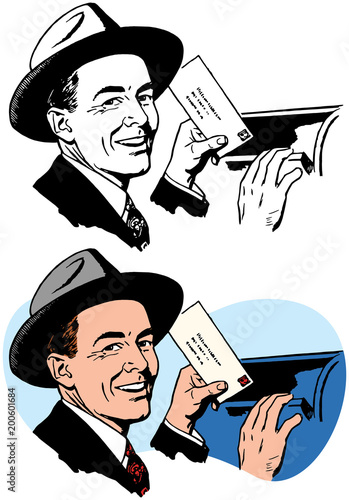 A man in a fedora dropping a letter into a mailbox.