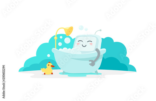 Emoji sticker robot is taking bathin in the bathroom. Very cute picture rest, exfoliation foam shampoo. Break for rest. Flat color vector illustration