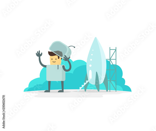 Man human spacesuit character luck cute spaceman move ones hand to and fro in greeting. Astronaut near the spaceship. Flat color vector illustration stock