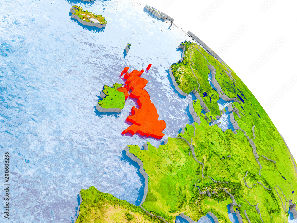 United Kingdom in red model of Earth