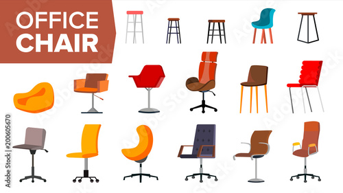 Chair Set Vector. Office Creative Modern Desk Chairs. Interior Seat Design Element. Flat Isolated Furniture Illustration
