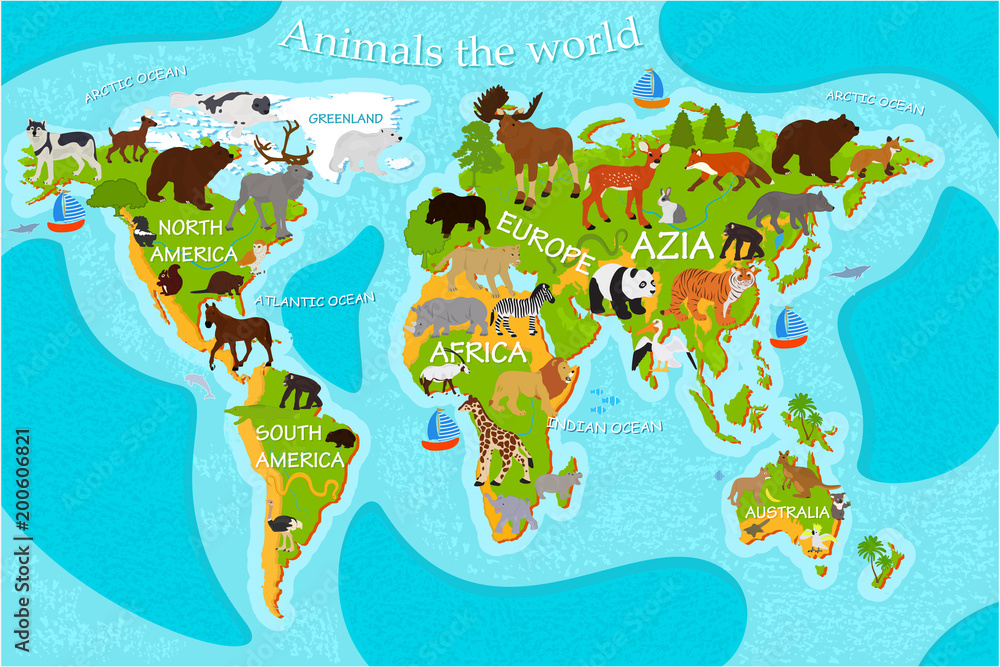 Fototapeta Mapa świata zwierząt z nazwami kontynentów