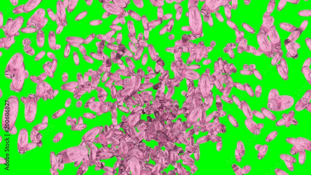 Animated a lot of pink or magenta gel pills or capsules exploding and flying toward camera against green background. Animated a lot of pink or magenta gel pills or capsules exploding and flying toward camera against green background.