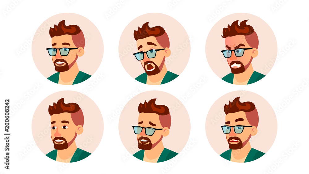 Hipster Man Avatar Vector. Creative Modern Hipster Man Face, Emotions Set. Character Business People. Cartoon Illustration Hipster Man Avatar Vector. Creative Modern Hipster Man Face, Emotions Set. Character Business People. Cartoon Illustration