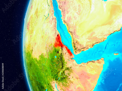 Space view of Eritrea in red