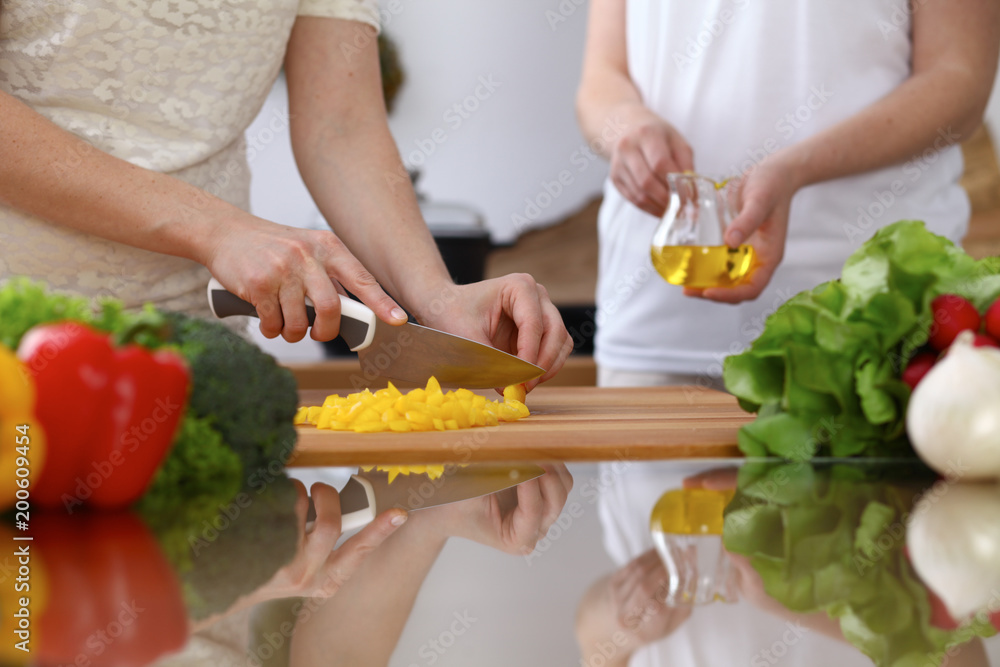 Closeup of human hands cooking in kitchen. Mother and daughter or two female cutting bell pepper for fresh salad. Healthy meal, vegetarian food and lifestyle concepts