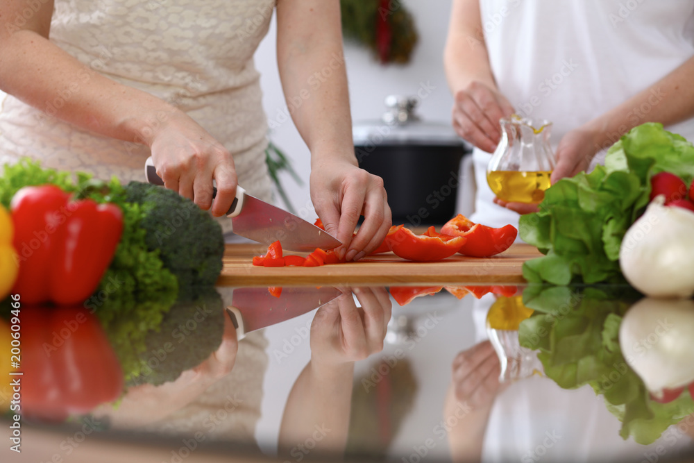 Closeup of human hands cooking in kitchen. Mother and daughter or two female cutting bell pepper for fresh salad. Healthy meal, vegetarian food and lifestyle concepts Closeup of human hands cooking in kitchen. Mother and daughter or two female cutting bell pepper for fresh salad. Healthy meal, vegetarian food and lifestyle concepts
