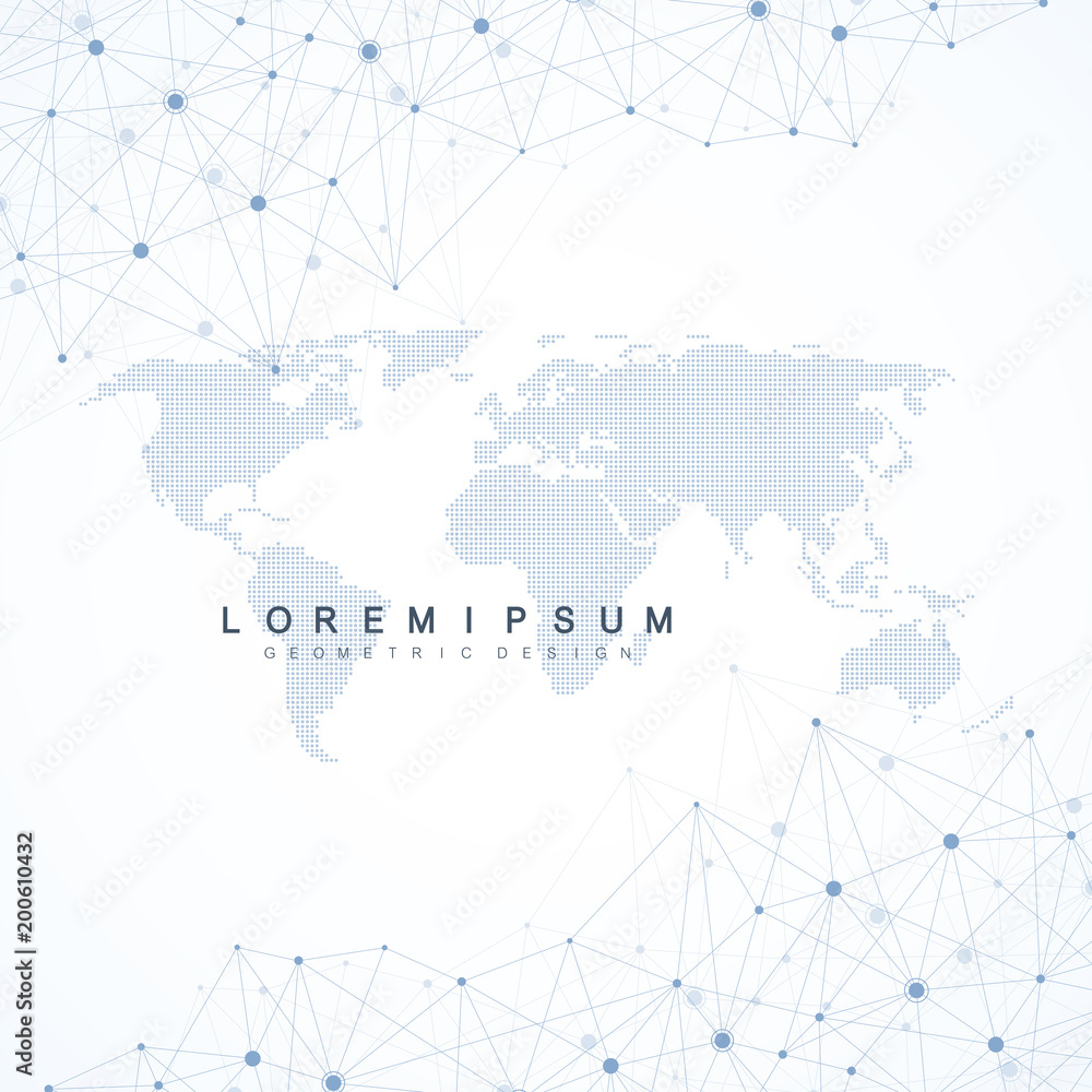Global network connections with dotted world map. Internet connection background. Abstract connection structure. Polygonal space background. Vector illustration.