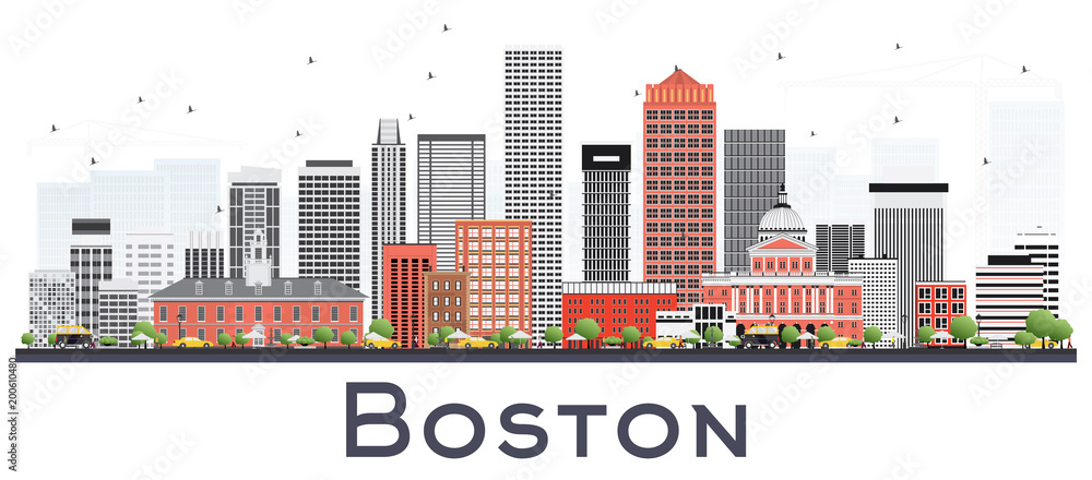 Boston Massachusetts Skyline with Gray and Red Buildings Isolated on White.