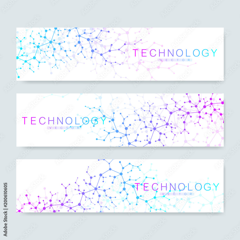 Set of modern scientific banners. Modern futuristic virtual abstract background molecule structure for medical, technology, chemistry, science. Science network pattern, connecting lines and dots.