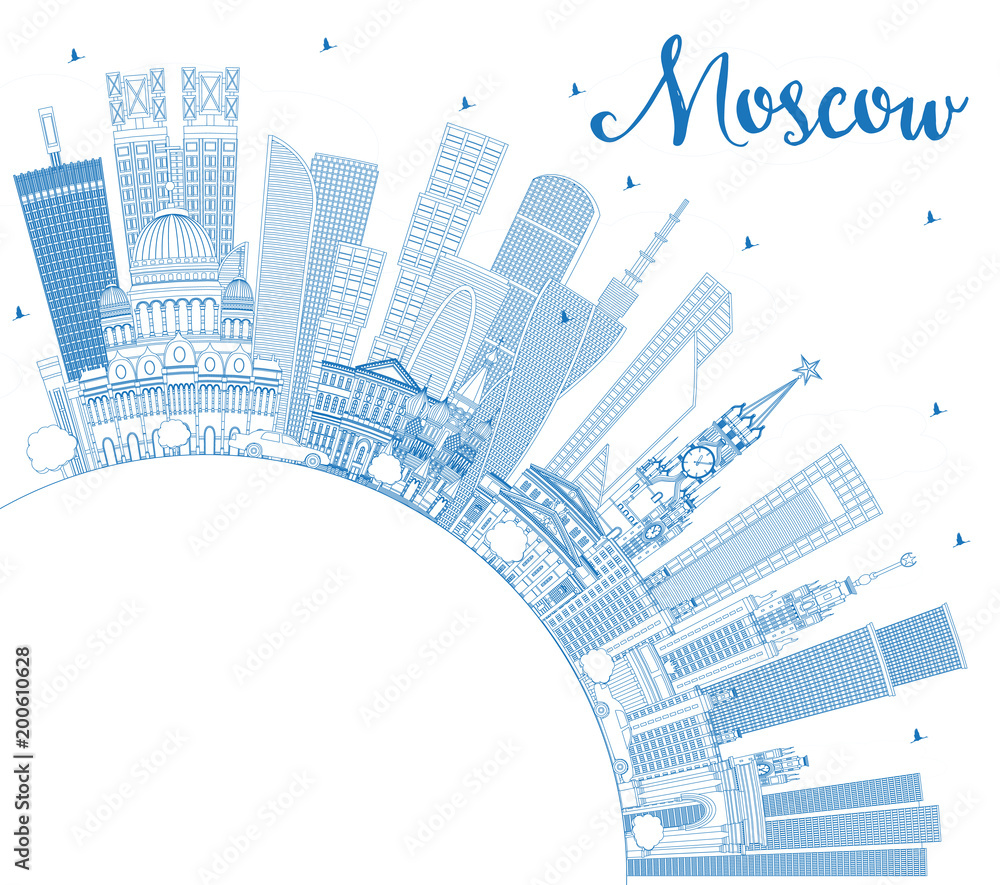 Outline Moscow Russia Skyline with Blue Buildings and Copy Space.