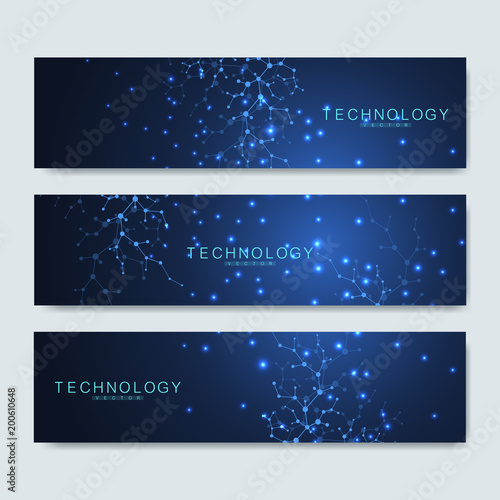 Set of modern scientific banners. Modern futuristic virtual abstract background molecule structure for medical, technology, chemistry, science. Science network pattern, connecting lines and dots.