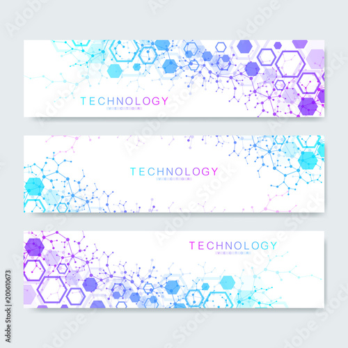 Set of modern scientific banners. Modern futuristic virtual abstract background molecule structure for medical, technology, chemistry, science. Science network pattern, connecting lines and dots.