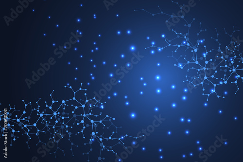 Scientific molecule background for medicine, science, technology, chemistry. Wallpaper or banner with a DNA molecules. Vector geometric dynamic illustration.