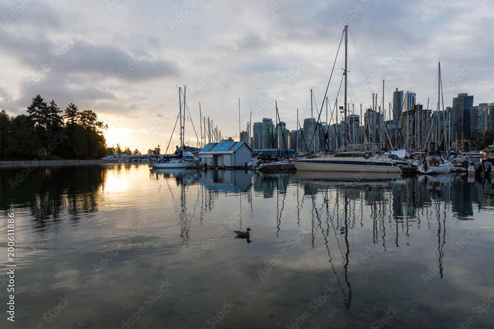 Sail Boats in a marina during a vibrant sunrise. Taken in Stanley Park, Coal Harbour, Downtown Vancouver, BC, Canada.