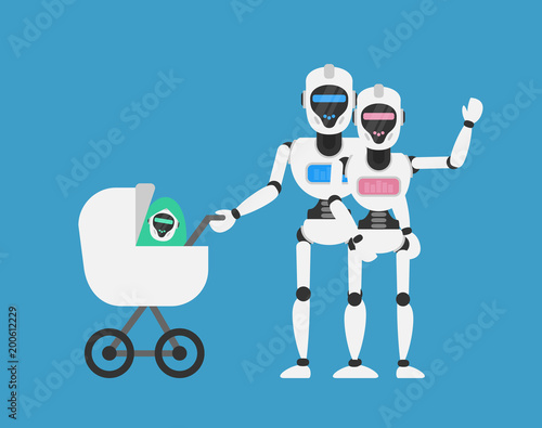 robots humanoid family with baby carriage