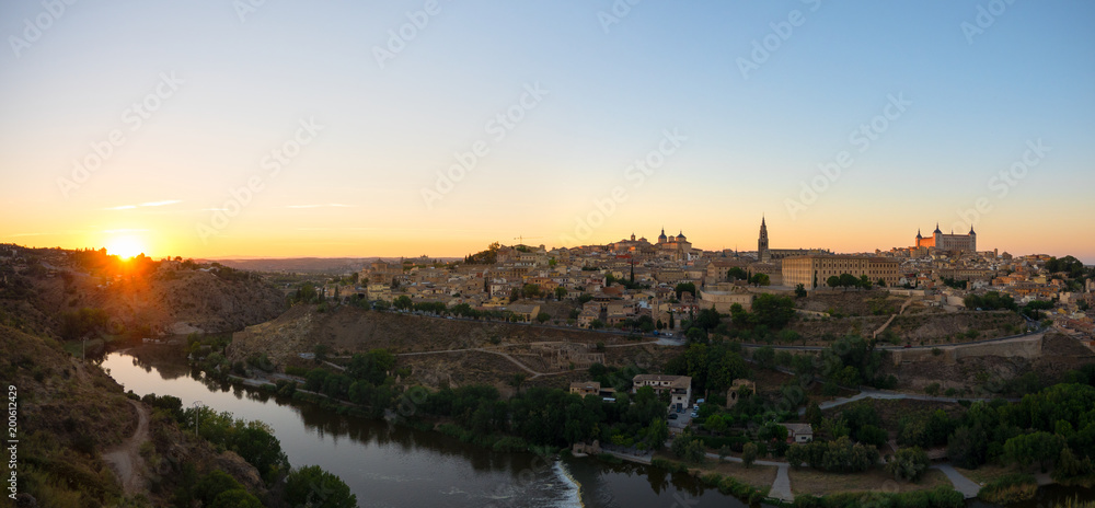 Panoramic landscape of Toledo old town during sunset, Spain.