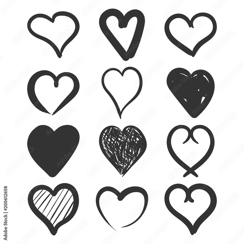 Set of the hand drawn hearts vector icon. Love sketch doodle heart illustration. Handdrawn valentine concept.
