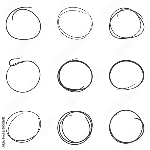 Set of the hand drawn scribble circles line sketch. Vector circular scribble doodle round element. Pencil sketch illustration on white background.