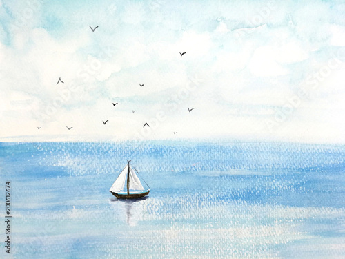 Canvas Print watercolor landscape sea and sailboat with birds in summer