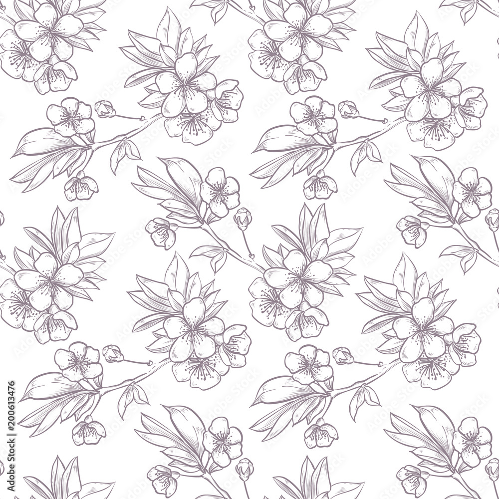Fototapeta premium Vector hand drawn sakura seamless pattern