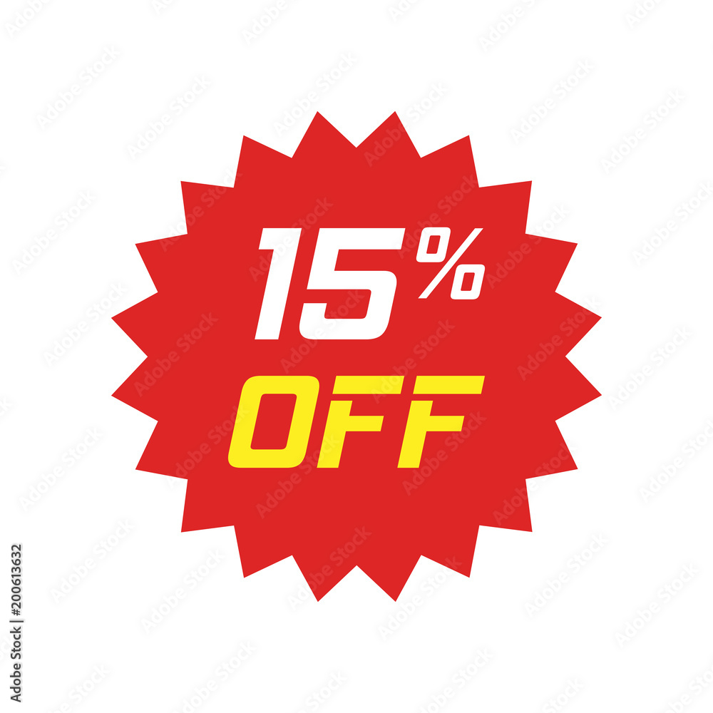 Discount sticker vector icon in flat style. Sale tag sign illustration on white isolated background. Promotion 15 percent discount concept. Discount sticker vector icon in flat style. Sale tag sign illustration on white isolated background. Promotion 15 percent discount concept.