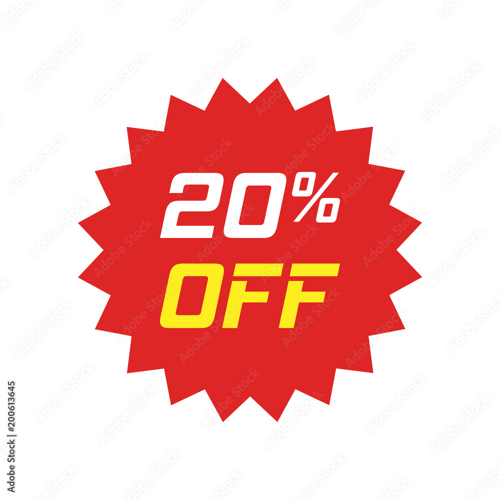 Discount sticker vector icon in flat style. Sale tag sign illustration on white isolated background. Promotion 20 percent discount concept. Discount sticker vector icon in flat style. Sale tag sign illustration on white isolated background. Promotion 20 percent discount concept.
