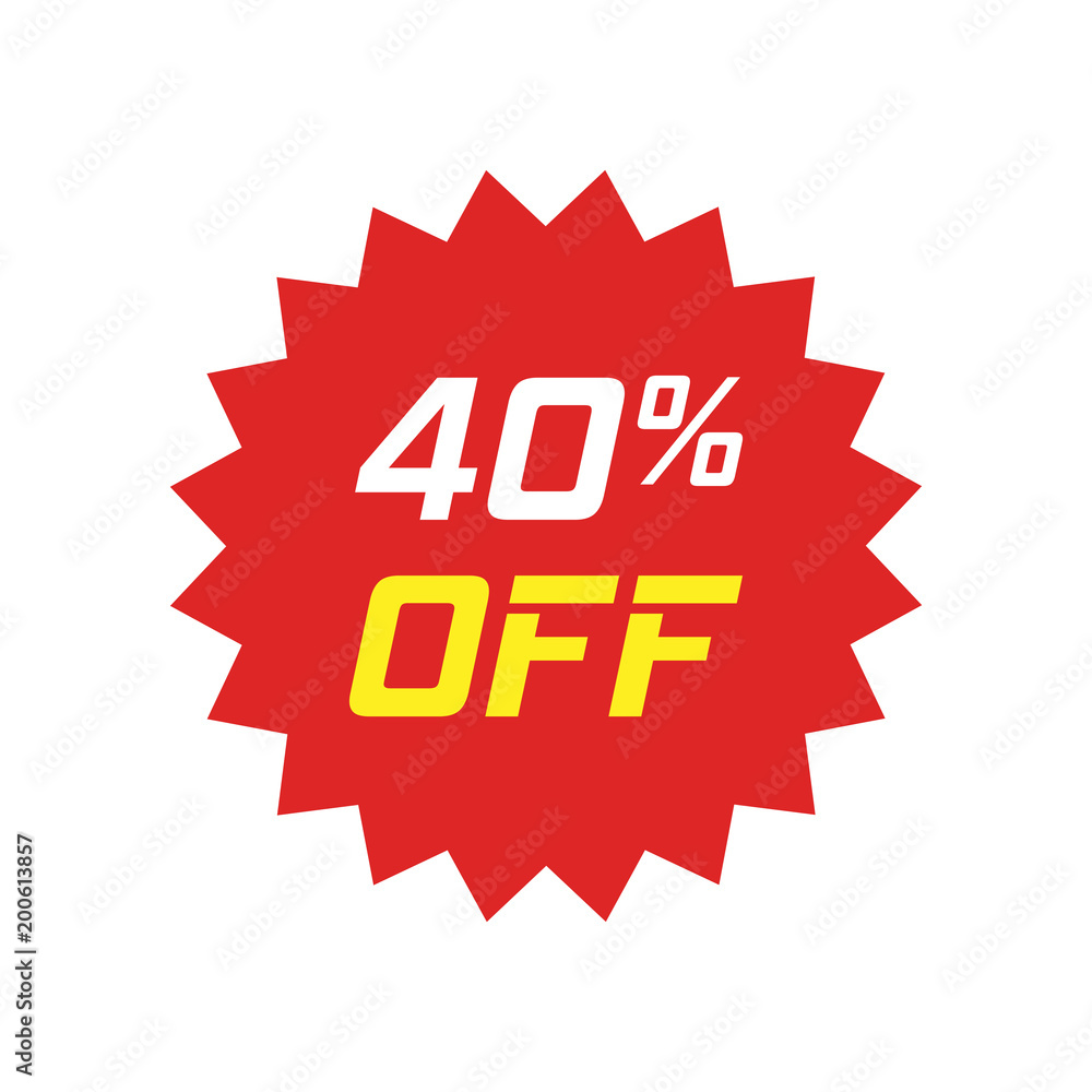 Discount sticker vector icon in flat style. Sale tag sign illustration on white isolated background. Promotion 40 percent discount concept. Discount sticker vector icon in flat style. Sale tag sign illustration on white isolated background. Promotion 40 percent discount concept.