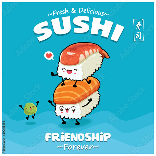 Vintage Japanese food poster design with vector Ebi, Sake & wasabi sushi characters. Chinese word means sushi.