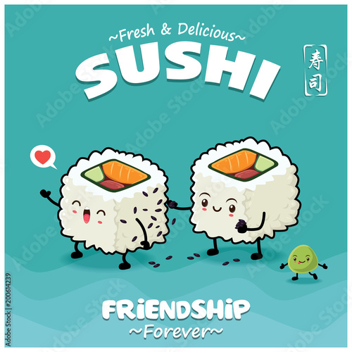 Vintage Japanese food poster design with vector futomaki sushi characters. Chinese word means sushi.